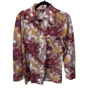 Vintage Joel California 70s Brown Floral Print Point Collar Polyester Shirt Med